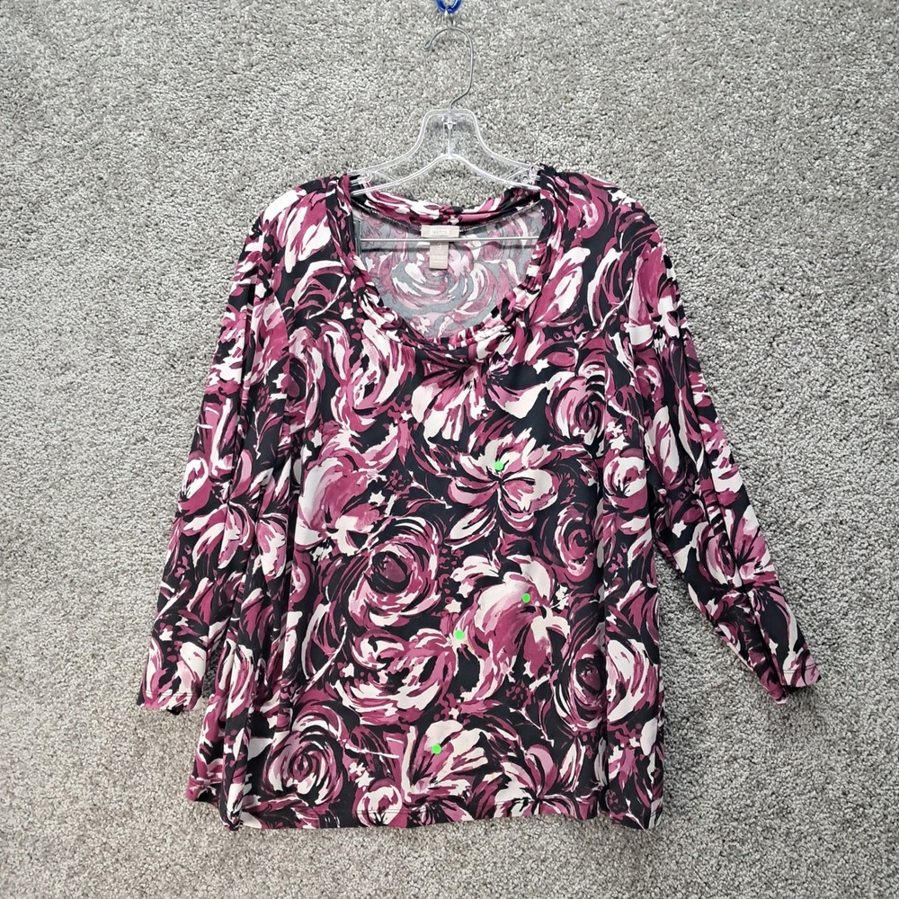 Chicos Size 3 Floral Cowl Neck Top 3/4 Sleeve Purple Pink Rose Print Stretch